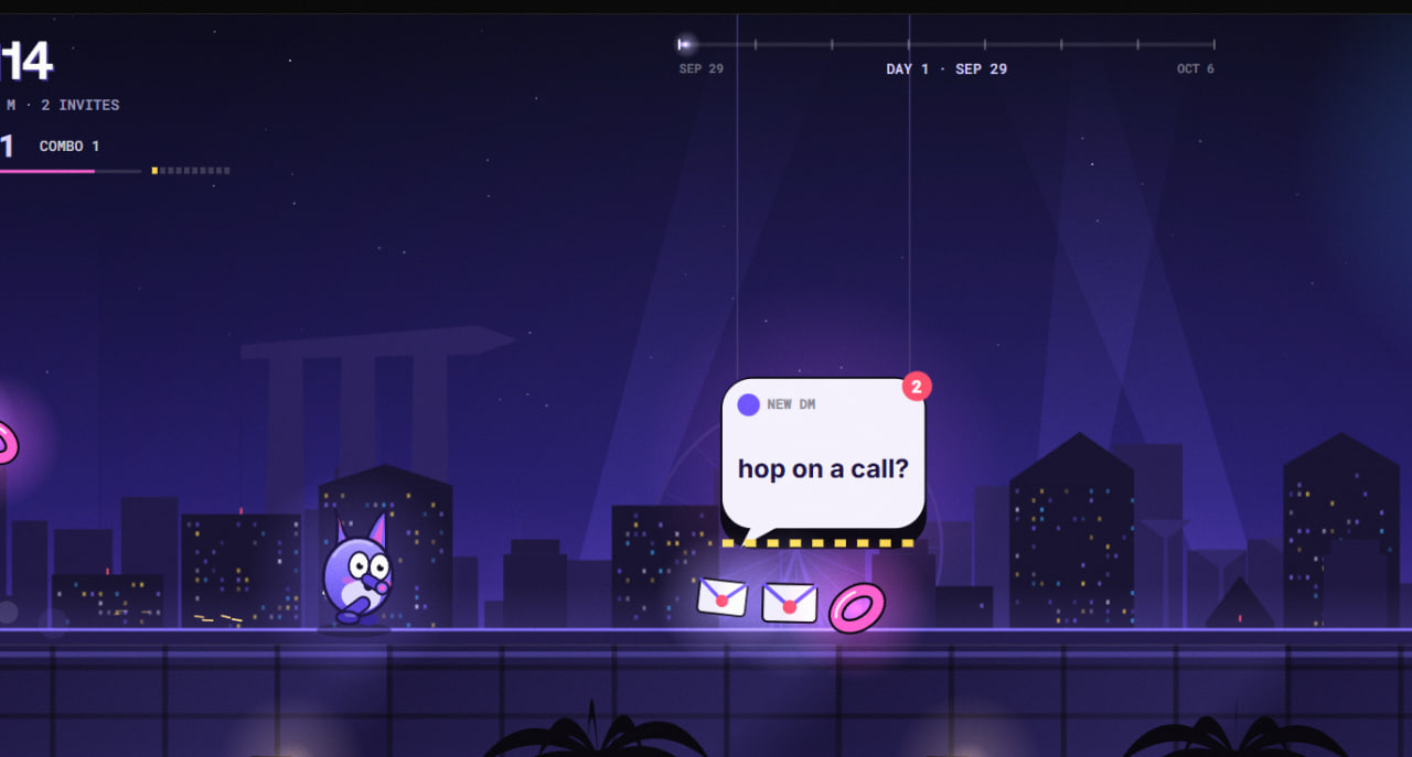 Side Event Sprint screenshot: Moncat running past a NEW DM bubble reading hop on a call?